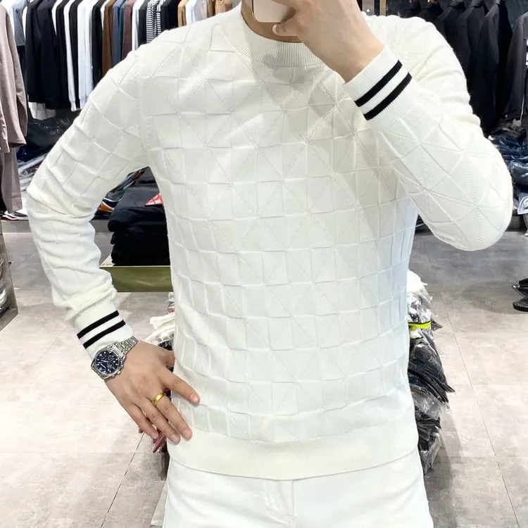 欧货男士针织毛衣休闲格子纯色潮流提花加厚针织男士毛衣内搭外穿