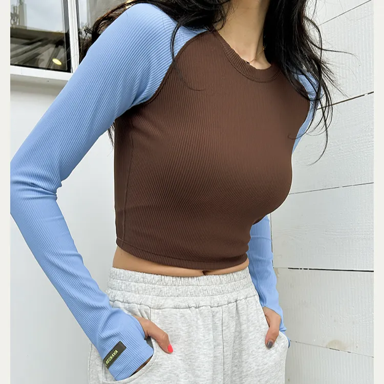 LRECNAVA芮柯纳未肌理感竖坑条撞色紧身运动跑步长袖上衣女秋冬潮