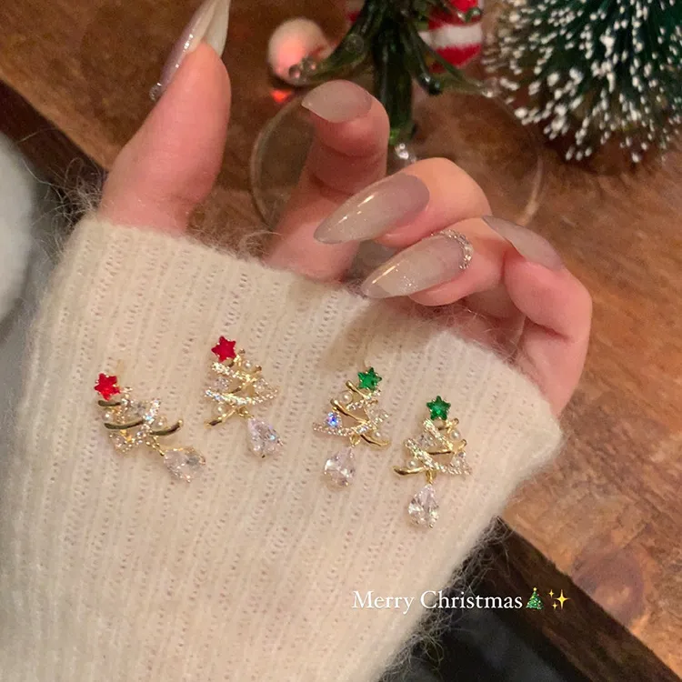铜合金合成锆石耳饰 秋冬闪锆圣诞树耳环设计感小众耳钉精致耳饰