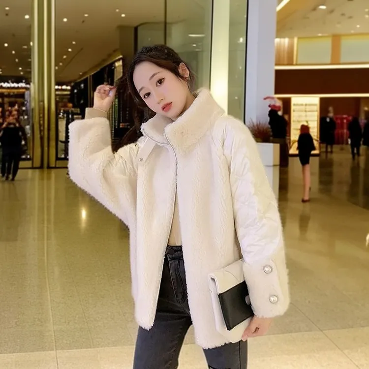 冬季2024新款羽绒服女洋气小个子立领羊羔毛拼接派克服外套
