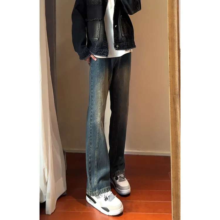 美式复古vibe裤子男款春秋高级感男装牛仔裤高个子痞帅弯刀微喇裤