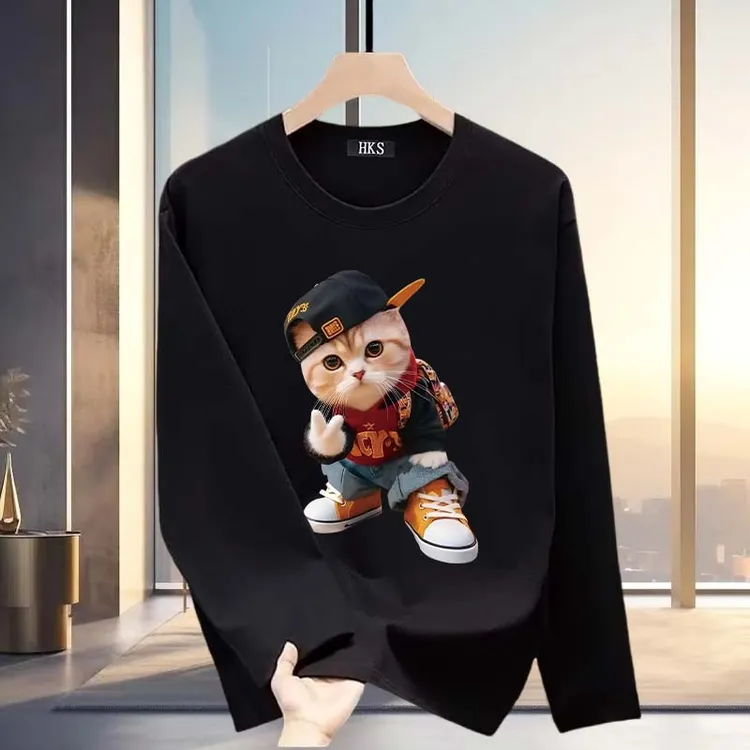 春秋季新款男士长袖T恤痞帅潮流个性休闲舒适内搭圆领纯棉打底衫