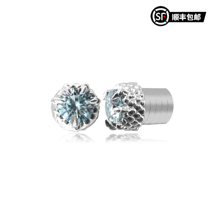 WIC无耳洞马尔代夫蓝莫桑钻龙爪淡水蓝磁吸耳钉