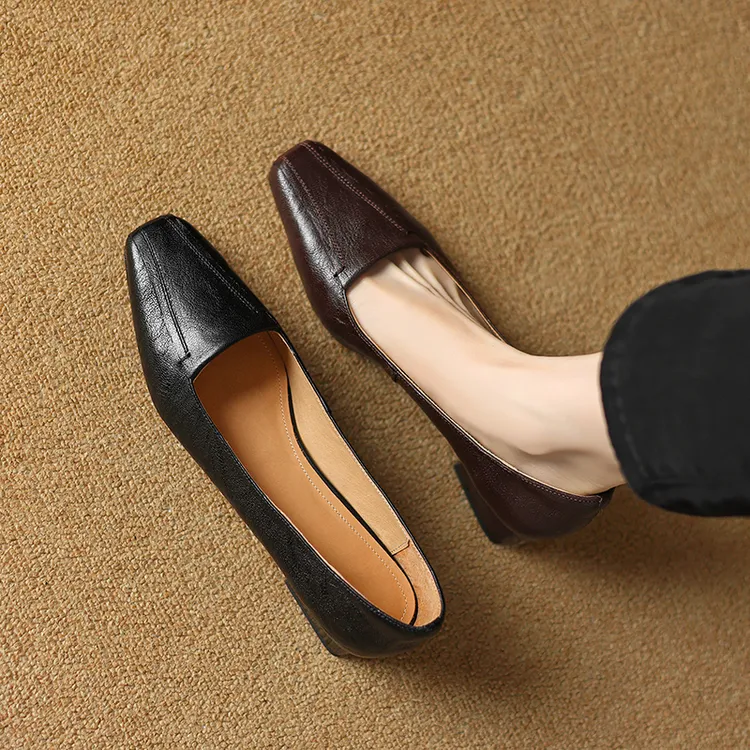 舒适法式复古软面浅口平底羊皮鞋春秋季新款百搭方头单鞋女鞋平底