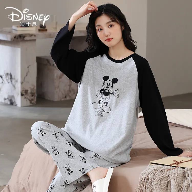 Disney/迪士尼春秋圆领长袖带胸垫大码拼接卡通舒适家居服0094