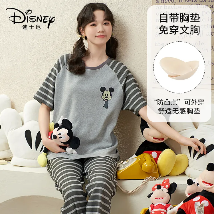 Disney/迪士尼·夏季女大码新款套头短袖长裤舒适带胸垫休闲家居服