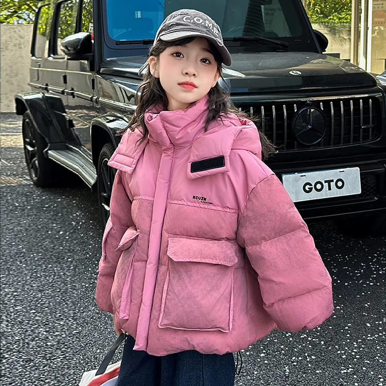拼接女童冬装羽绒服儿童加厚外套2024秋冬新款大童洋气工装冲锋衣