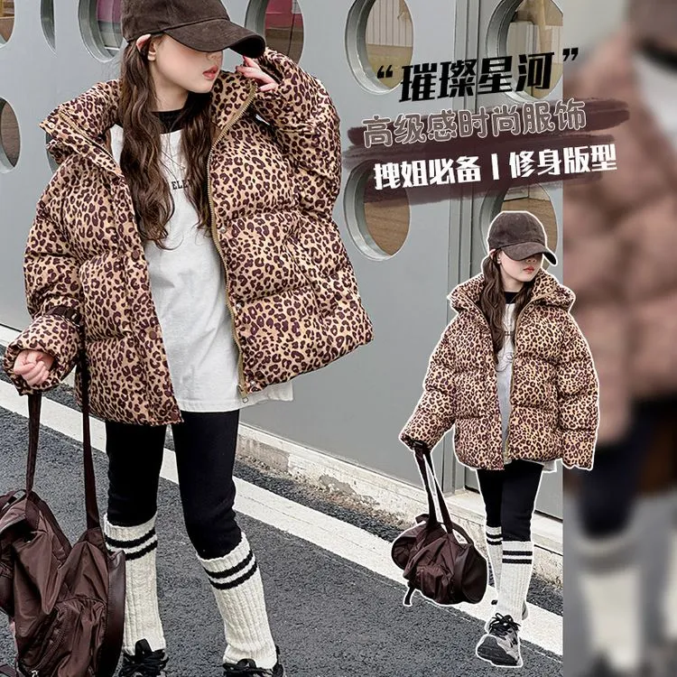冬装女童棉服2024冬季新款儿童洋气豹纹加厚棉衣童装连帽棉袄外套
