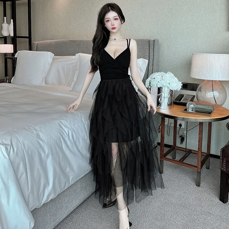 网红时尚新款春夏性感网纱裙拼接露肩包臀吊带长裙高腰打底连衣裙