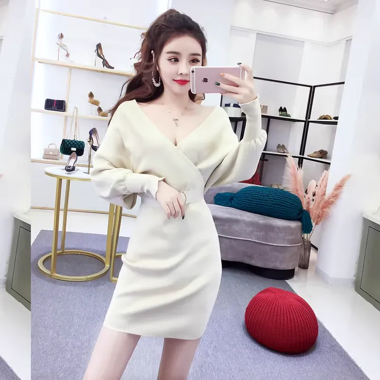 高贵上档次女装气质时尚新款裙子长袖秋冬修身包臀显瘦针织连衣裙