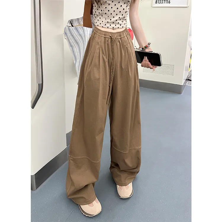 美式复古拼接阔腿裤女2025夏季新款慵懒高腰松紧腰系带宽松休闲裤