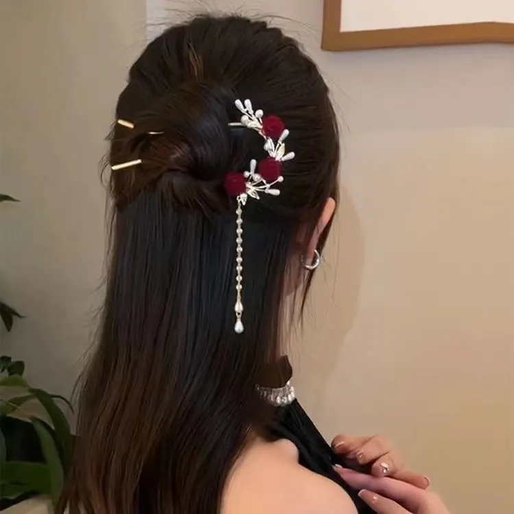 墨圳高端发饰 中国红玫瑰花U型流苏吊坠发簪女神发钗