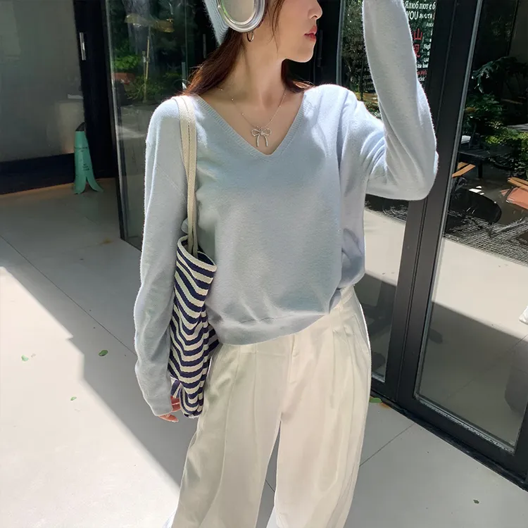 纯色V领长袖针织衫2025韩版新款显瘦百搭女上衣打底时尚简约宽松