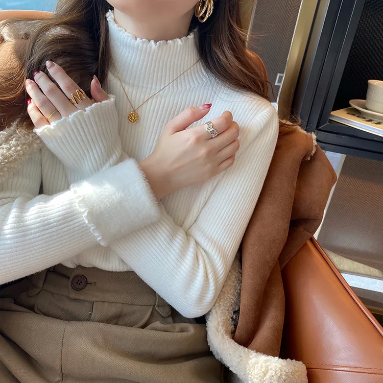  木耳边半高领毛衣加绒新款女打底衫条纹秋冬内搭洋气百搭长袖