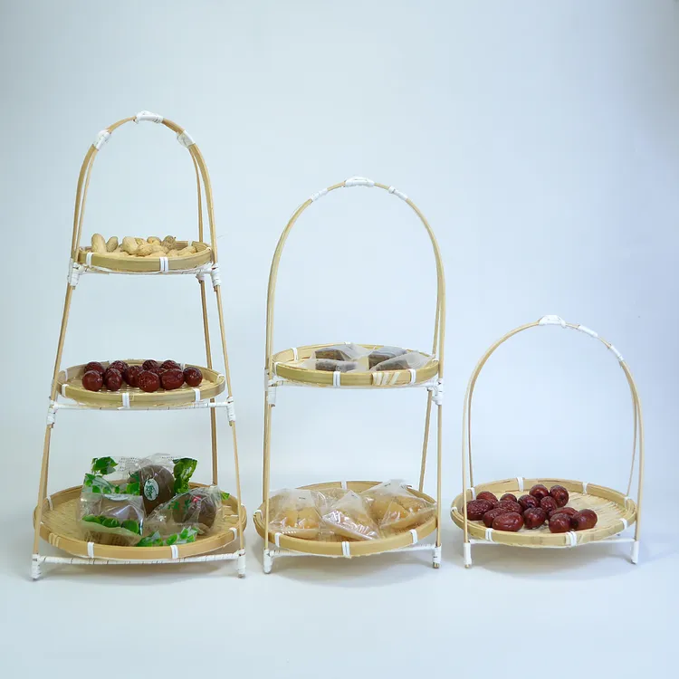 竹编点心水果篮蛋糕展示置物架手工多层收纳提篮创意竹篮摆件J52