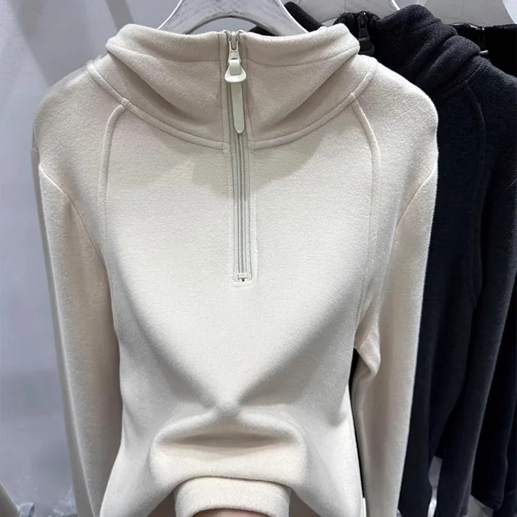 半拉链设计双面德绒连帽卫衣女2024秋冬新款打底衫T恤上衣帽衫潮