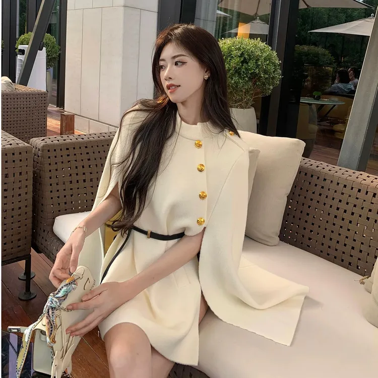 仿水貂绒小香风大衣黑白2色高级时髦洋气百搭针织毛呢斗篷外套女