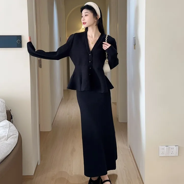 德宽同款套装高腰洋气显瘦黑色法式气质开衫裙子潮轻熟时尚两件套