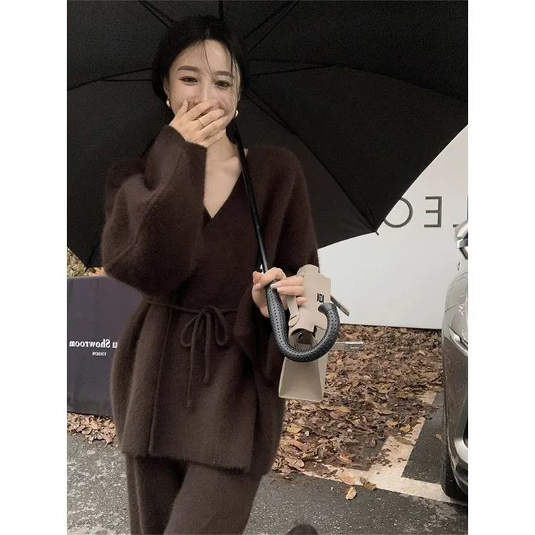 秋季新款时尚美式复古慵懒风针织套装女开衫腰带外套阔腿裤两件套