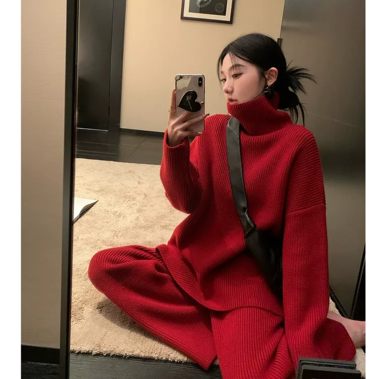 红色高领毛衣阔腿裤套装女秋冬新款内搭打底衫长裤时尚两件套潮
