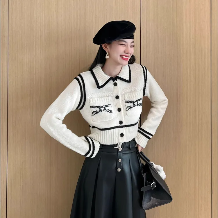 温柔千金风复古粗针针织撞色边提花小香风针织开衫毛衣打底衫