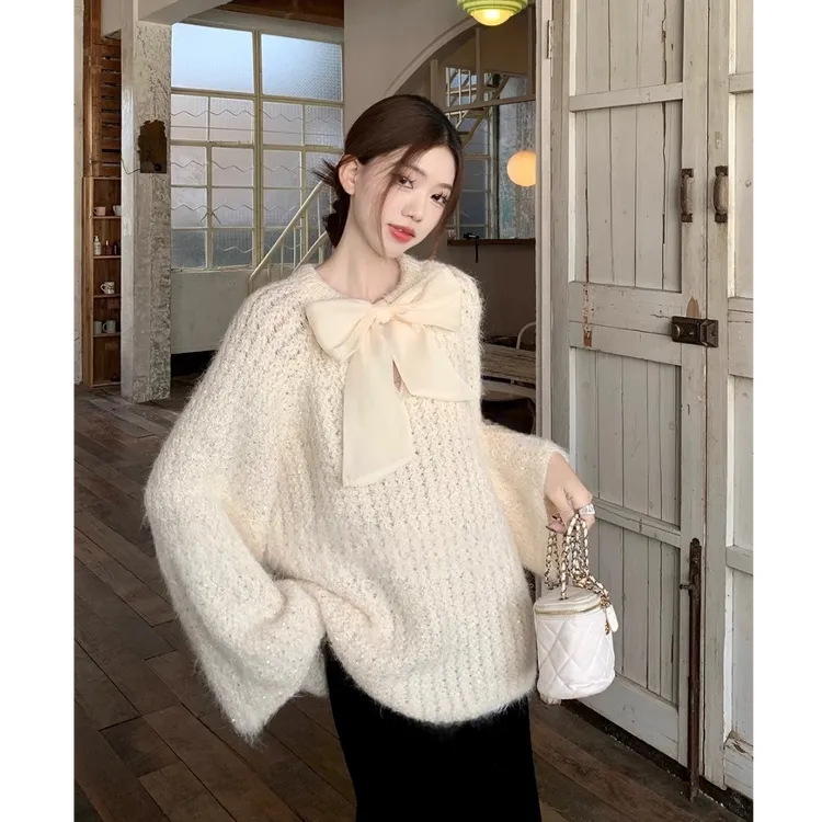 蝴蝶结圆领亮片毛衣女秋冬气质软糯宽松慵懒百搭长袖针织衫上衣潮
