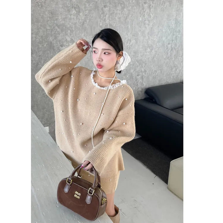 秋冬温柔蕾丝花边软糯重工钉珠毛衣松紧腰半身裙加厚显瘦时尚套装