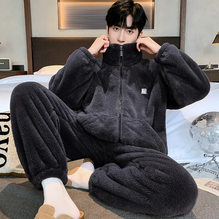 秋冬新款雪花绒男大码宽松加绒加厚暖绒保暖家居服睡衣套装可外穿