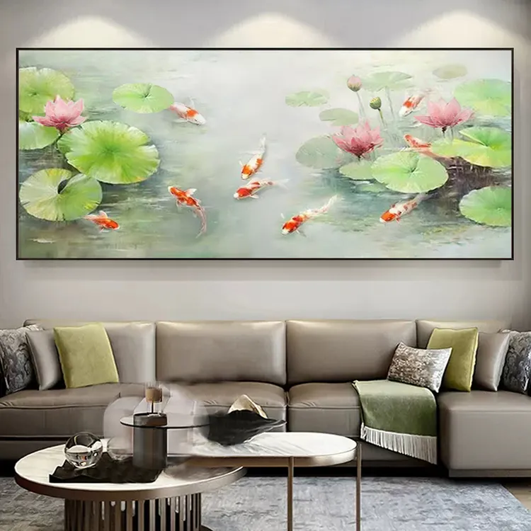 荷花九鱼纯手绘油画新中式客厅装饰画简约沙发背景墙壁画横幅挂画