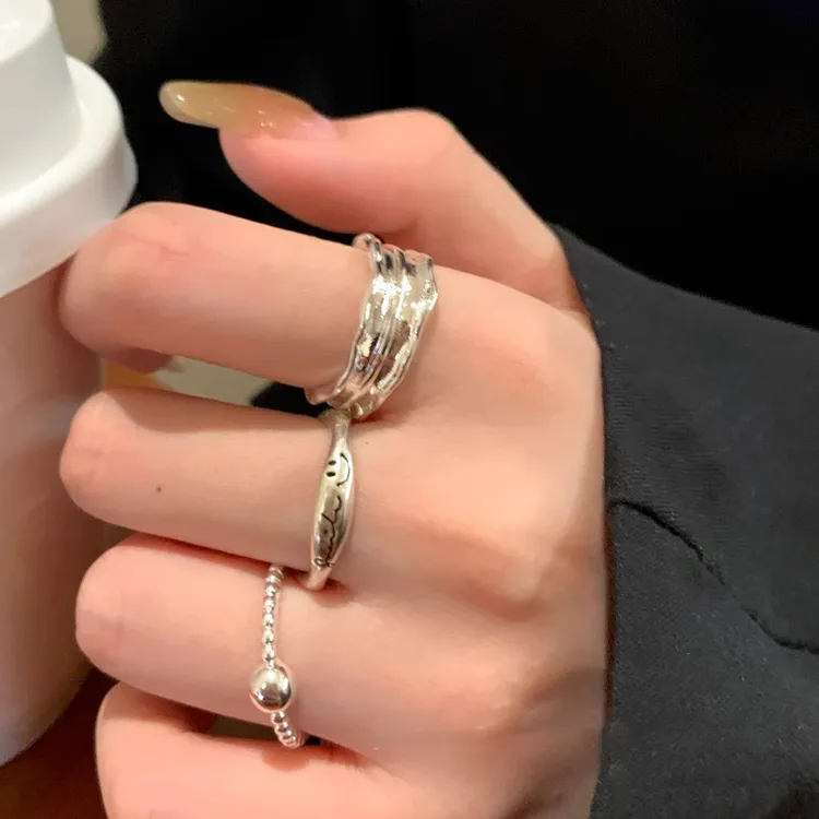 韩版小众设计感笑脸花边戒指女时尚简约个性百搭高级开口食指戒