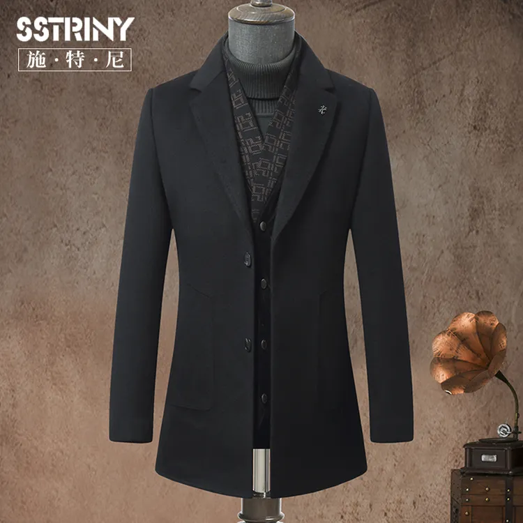 秋冬鹅绒内胆加厚毛呢大衣男中长款2024新款西装围巾领羊毛呢外套