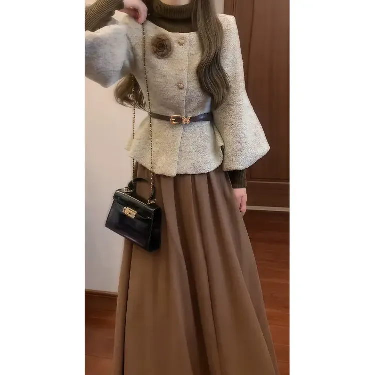【幽兰茉莉】小蛮腰气质名媛小香风收腰外套&针织衫&半身裙时尚套装