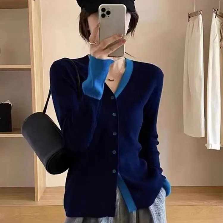 网红单排扣女长袖毛针织衫修身搭配百搭秋冬时尚v领显瘦