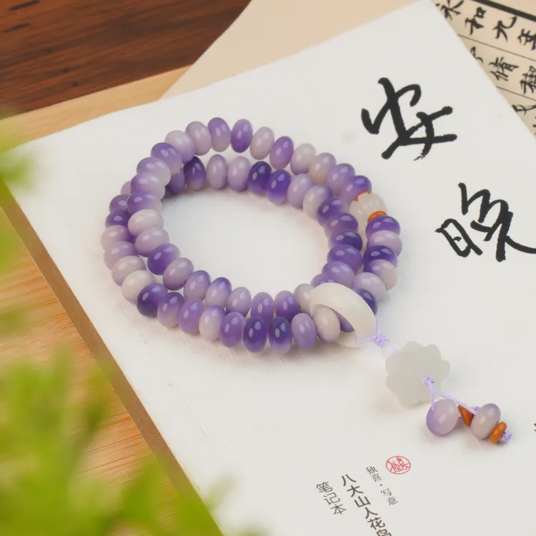 天然紫菩提飘花料双圈搭配夜光莲花双圈手串