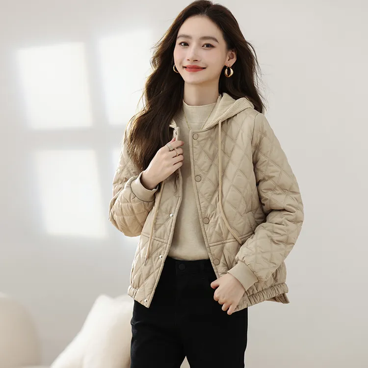 2025新款棉服女短款菱形格轻薄连帽时尚百搭小个子棉衣棉袄女外套