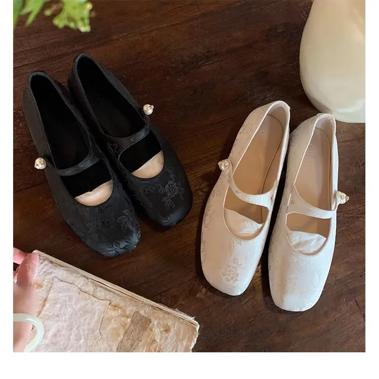 【葡萄妈同款】晚香玉~国风新中式珍珠一字带方头提花玛丽珍单鞋女