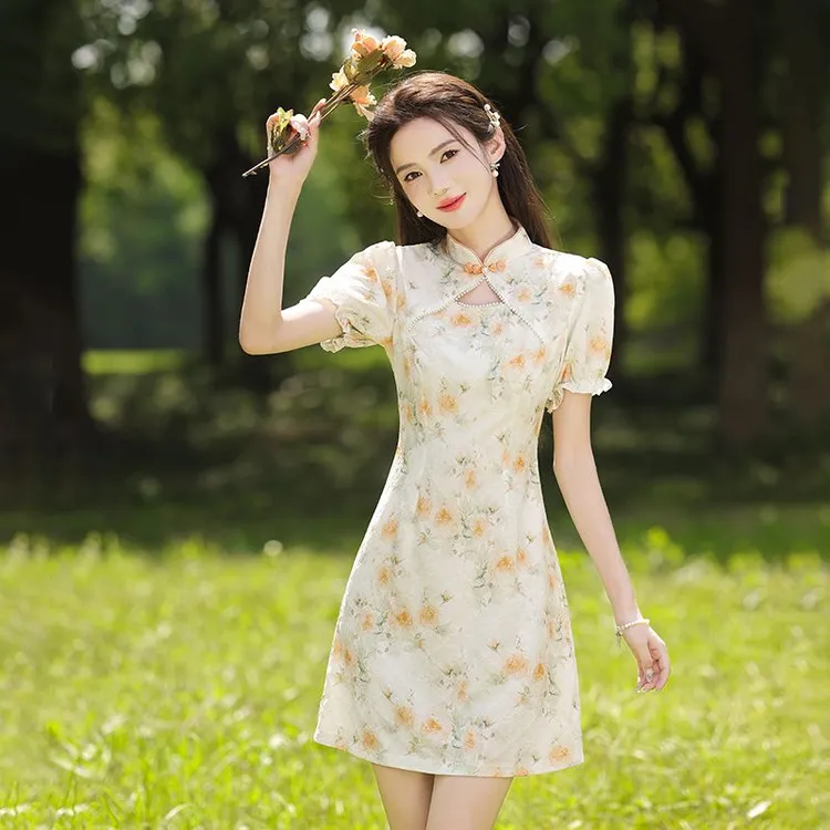 新中式小清新改良旗袍2025夏季新款少女小个子短款修身显瘦连衣裙