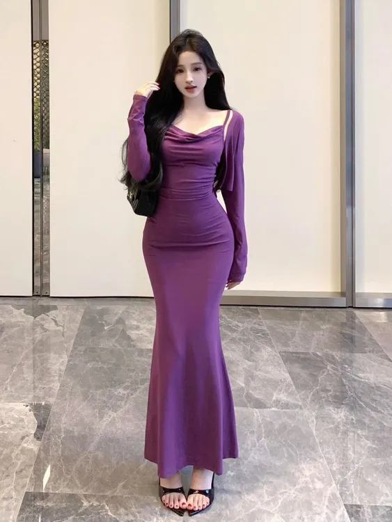 2024秋季新款气质长袖开衫+吊带连衣裙套装女时尚修身显瘦两件套