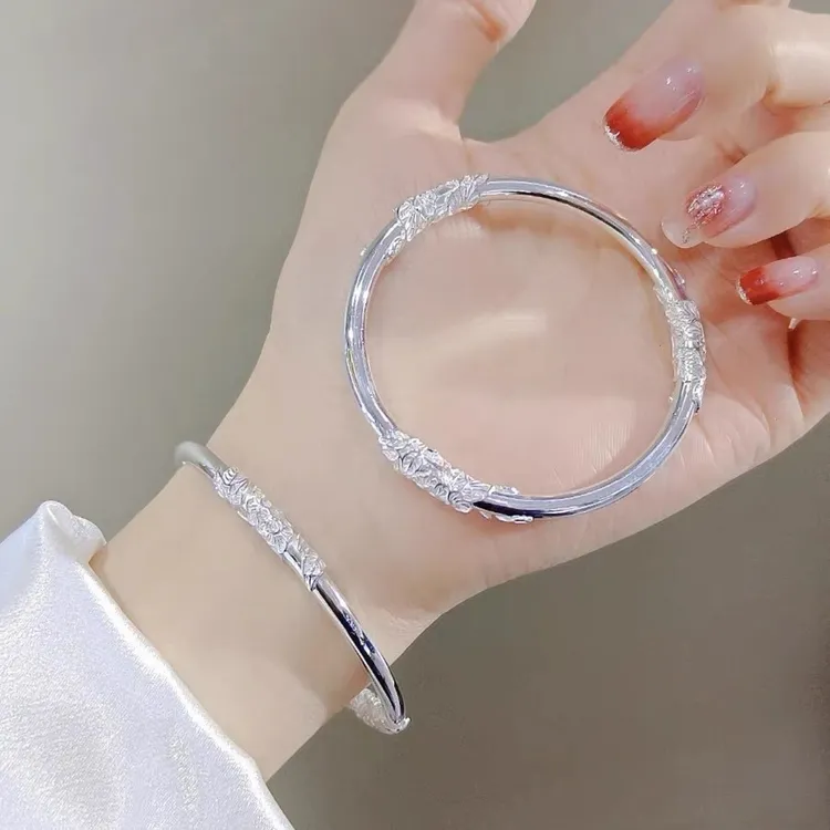 足银手镯 足银9999手镯女纯银镯子花丝繁花似锦闭口年轻款送女友