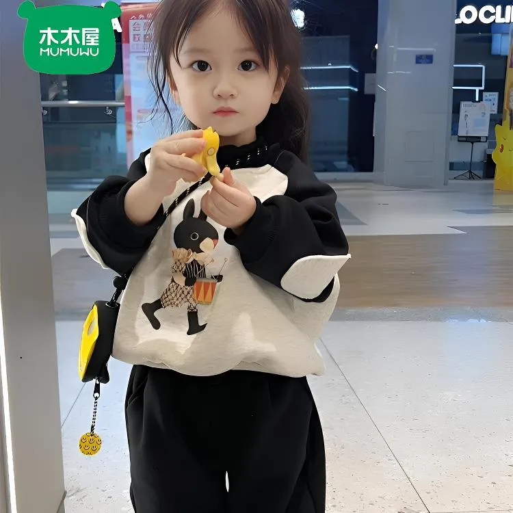 木木屋女童洋气套装儿童插袖圆领卫衣卫裤秋冬款加厚套头运动套装