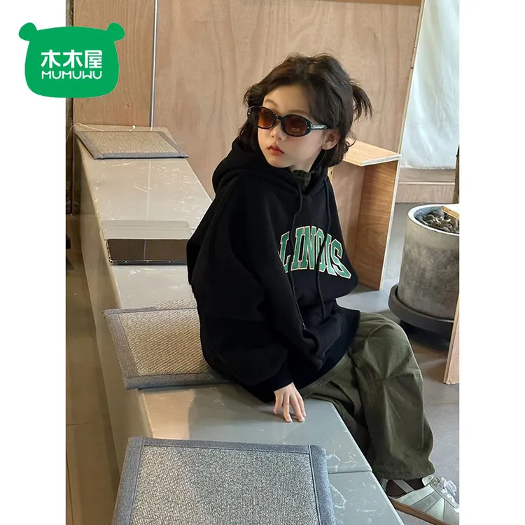木木屋韩国童装女童加绒卫衣秋冬新款宽松加厚连帽炸街儿童打底衫