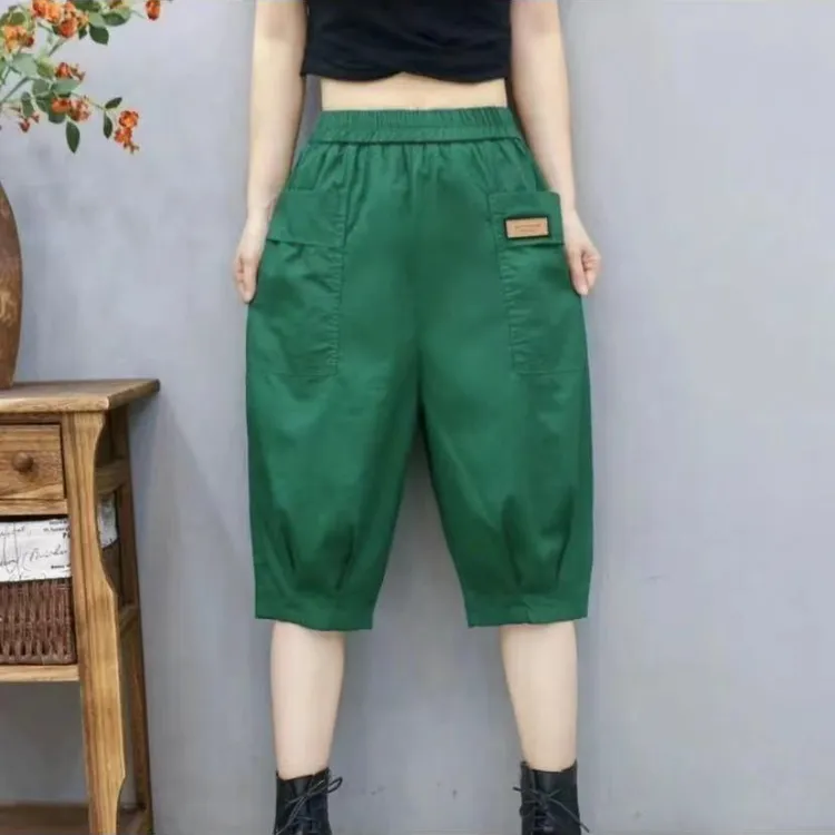 夏季薄款中裤女松紧腰哈伦裤2024新款时尚纯色宽松百搭短裤七分裤
