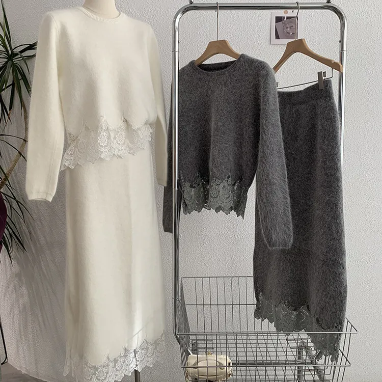 欧玛莱 小香风新款圆领蕾丝拼接浣熊绒长袖针织衫显瘦半身裙1560
