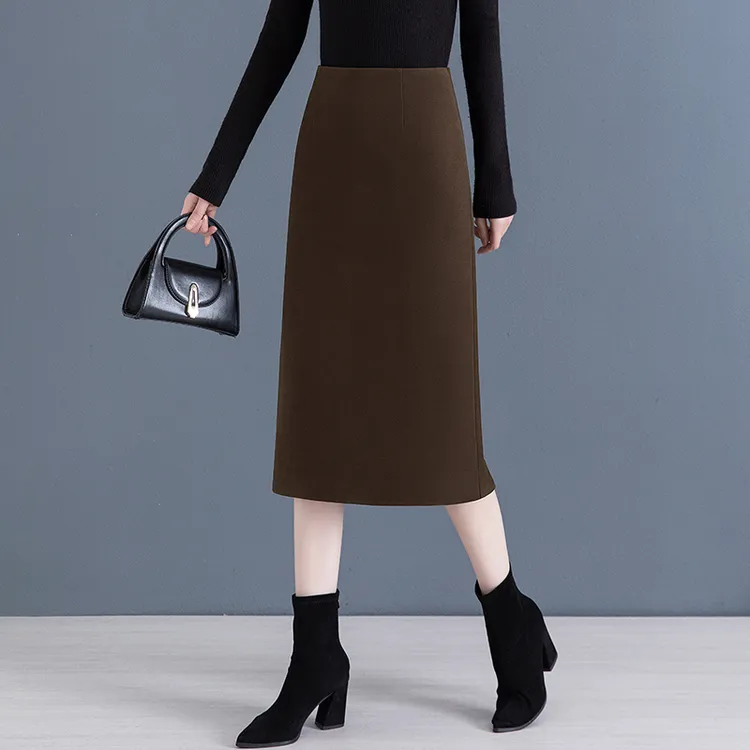 9268高端毛呢半身裙女冬季2025年新款高腰简约开叉过膝中长包臀裙