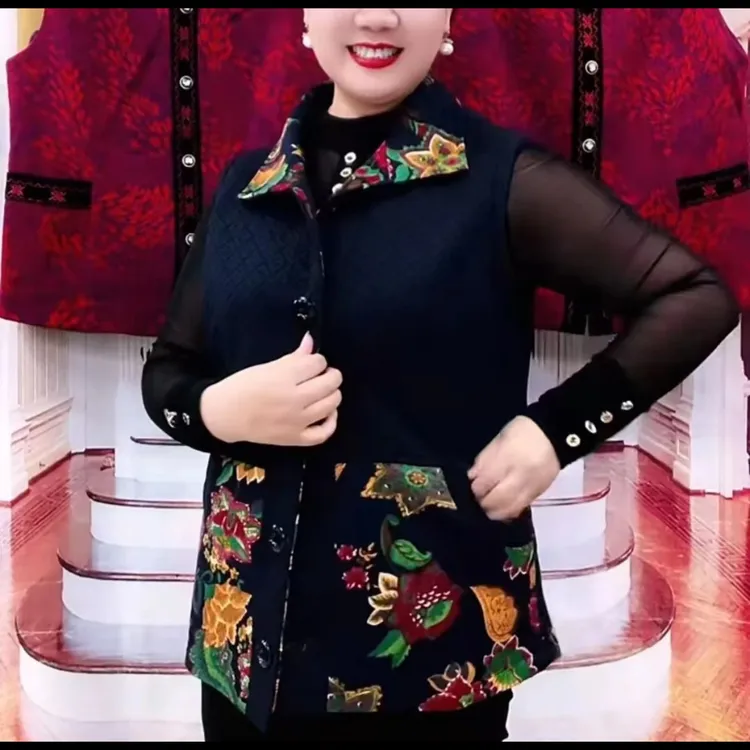 时尚马夹印花拼接上衣减龄洋气优雅翻领马甲网红百搭外穿妈妈装