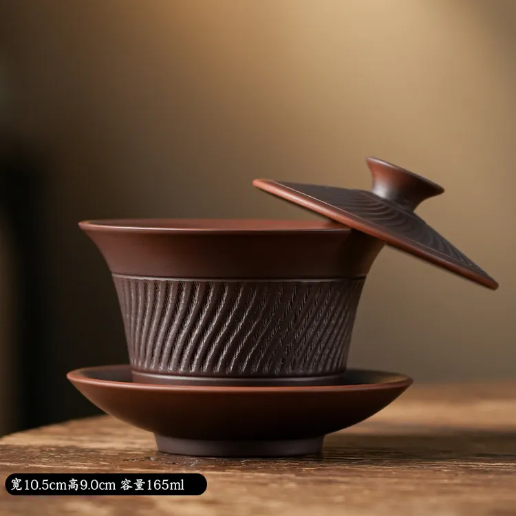 紫陶跳刀悬停三才盖碗全手工功夫茶具茶碗家用紫砂大号单个泡茶碗