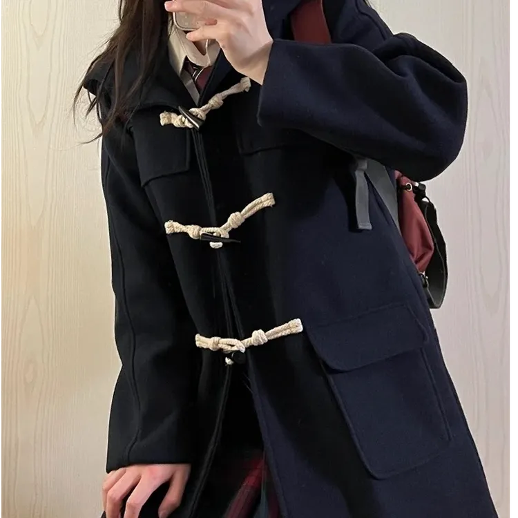 JK制服外套女冬季小个子学院风加厚中长款牛角扣毛呢大衣女连帽