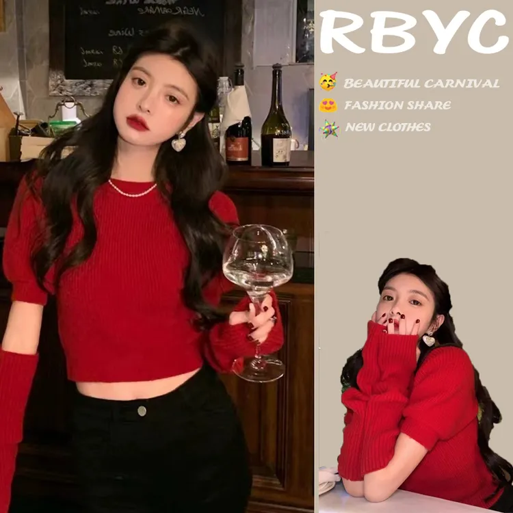 泡泡袖红色毛衣女秋冬圣诞新年穿搭设计感带袖套温柔风针织衫上衣