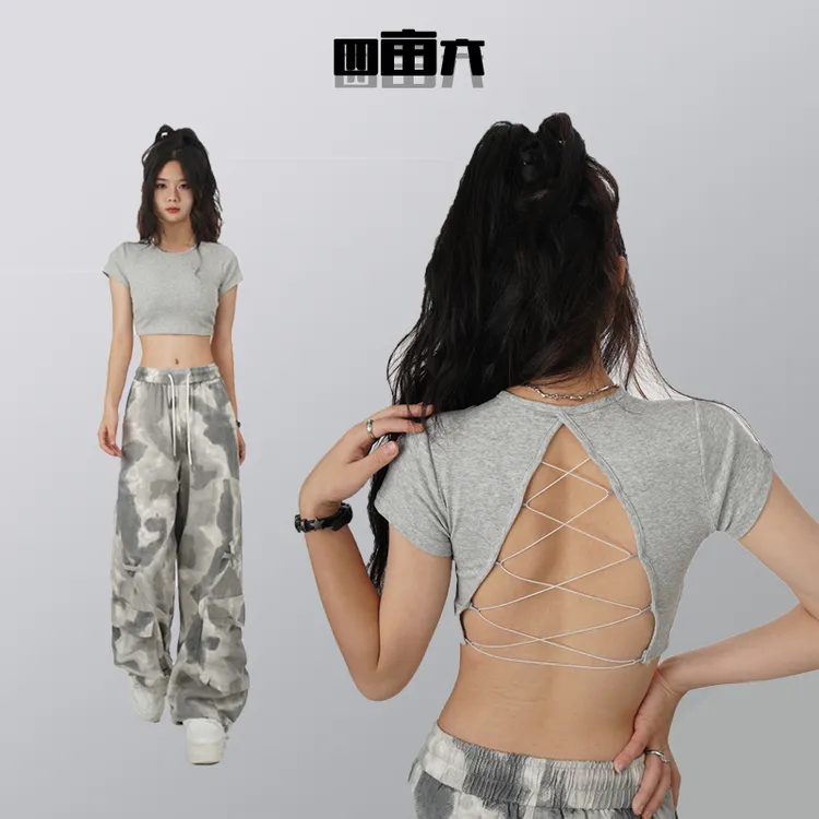 设计感复古露背短款上衣女缕空性感修身显瘦爵士舞欧美短袖T恤