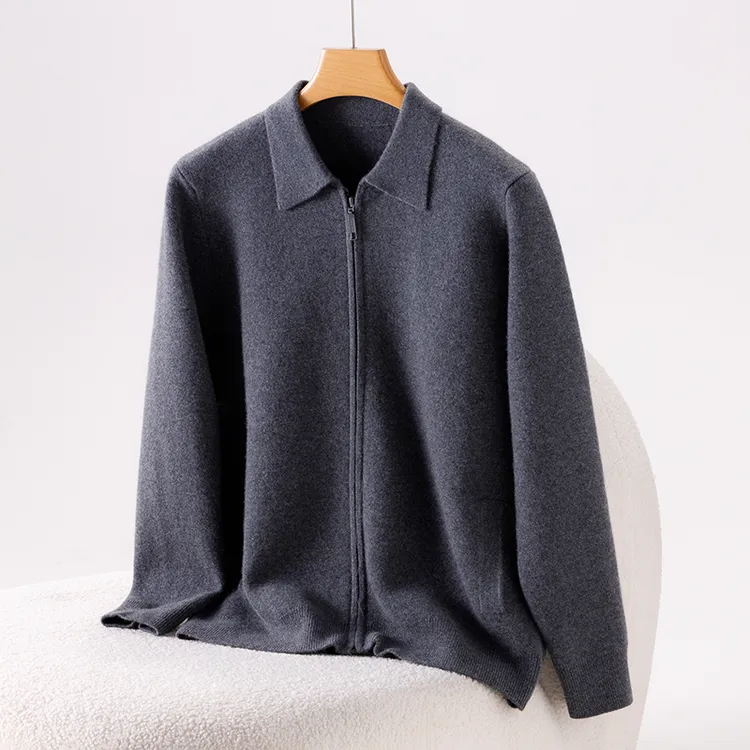 100%纯山羊绒商务翻领空气层外套加厚保暖开衫JH383